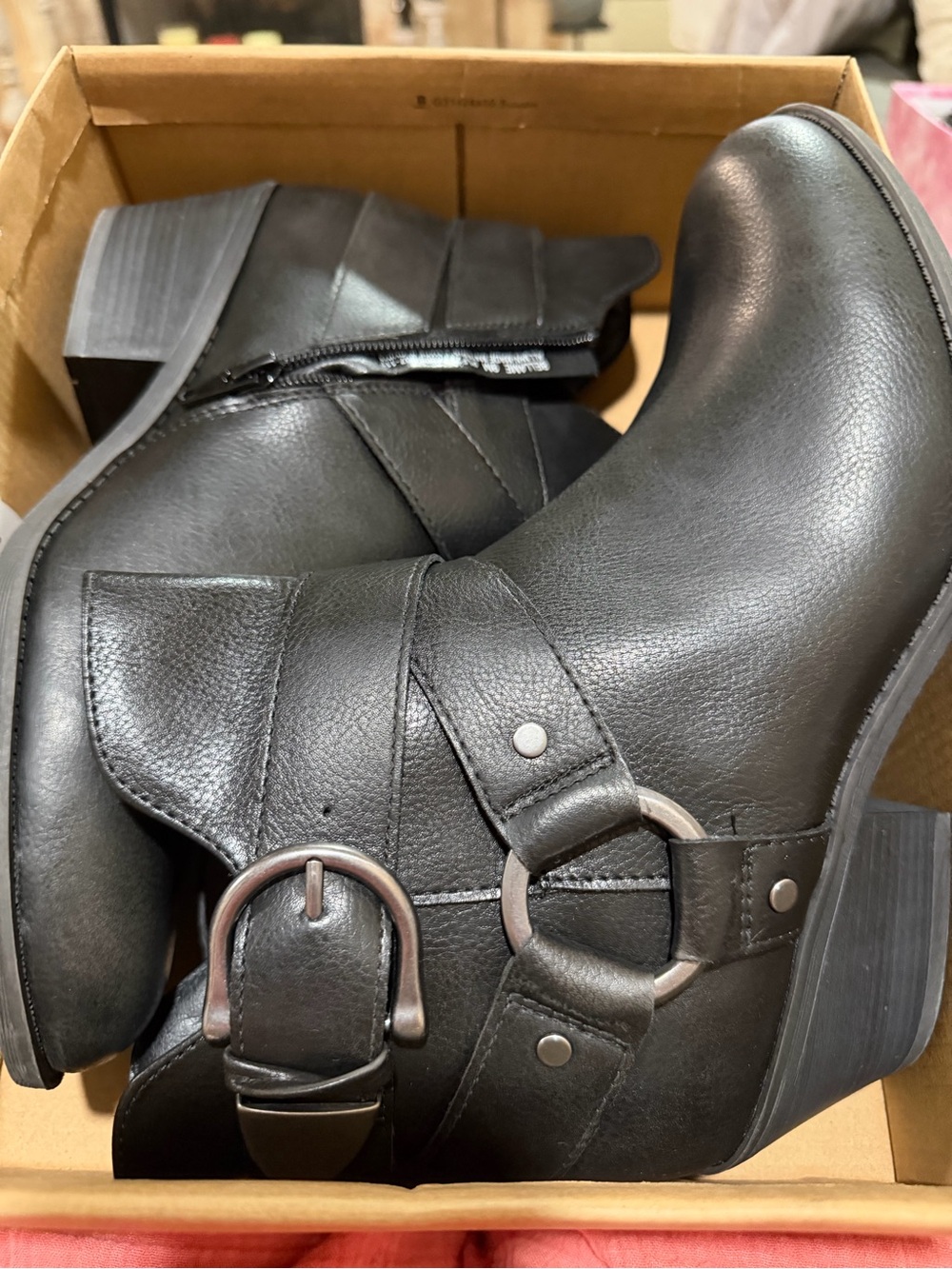 Bellamie Black Faux-Leather Ankle Boots with Buckle Trim
